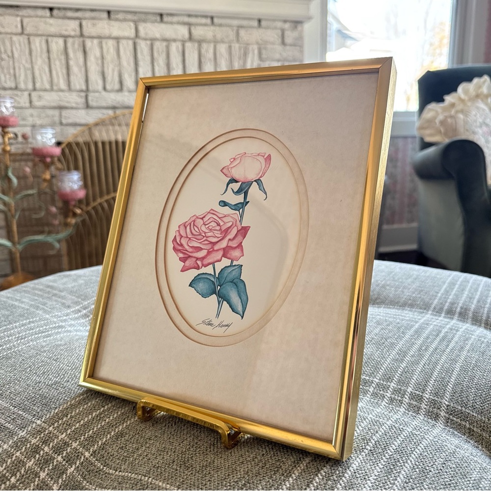 Vintage Framed and Matted ‘Tupperware Rose’ Art